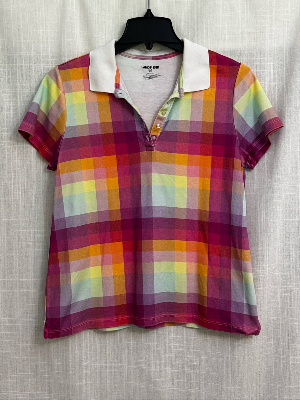 Land’s End Colorful Plaid Cotton Polo Shirt Petite Medium